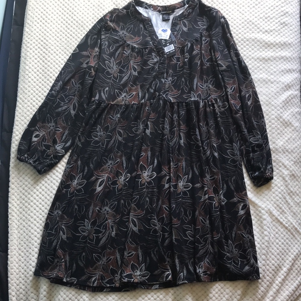 Robert Louis Black/ rust floral puff leaf longsleeve dress Size Medium Brand New